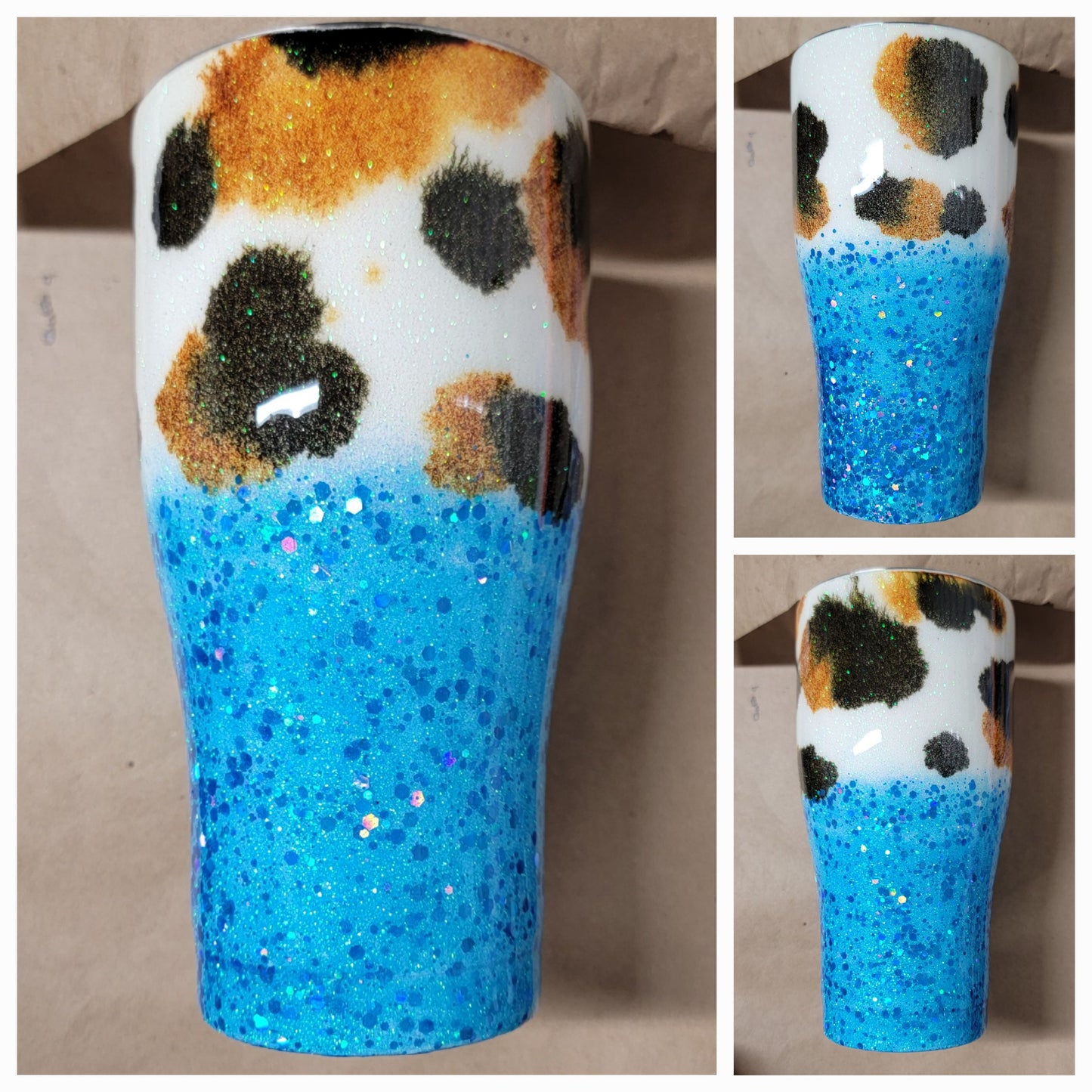 Blue/cow print ombre glitter 30oz curved tumbler