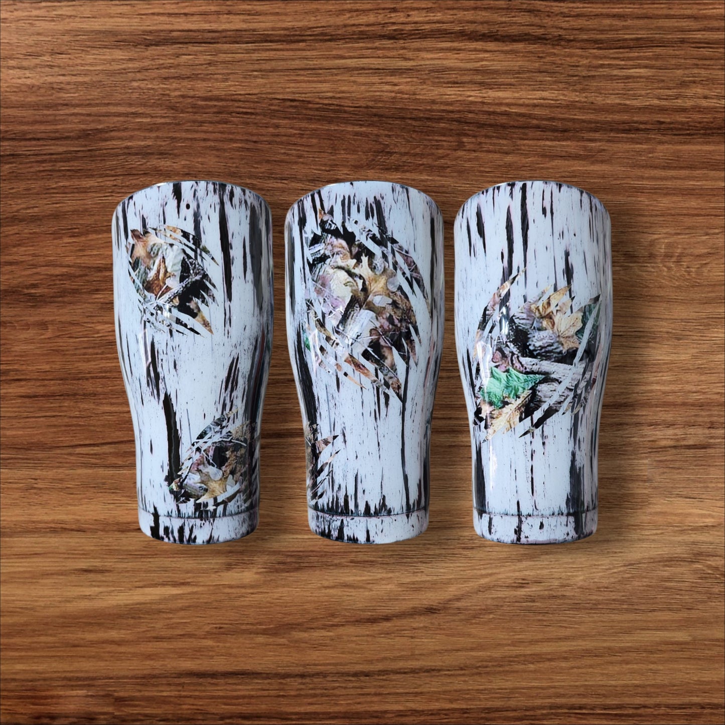 Birch woodgrain and camo patches 30oz curved tumbler