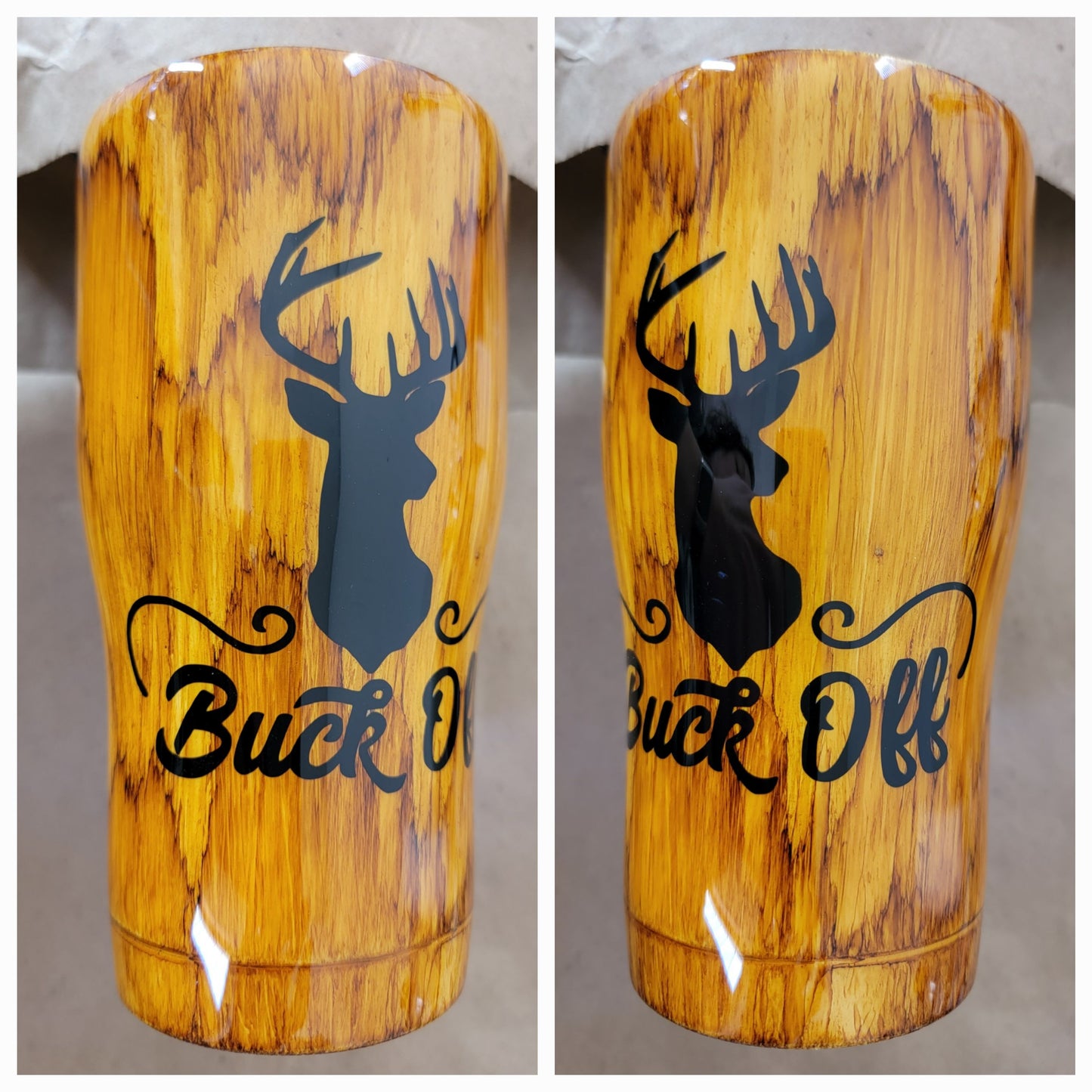 Buck off woodgrain 20oz curved tumbler