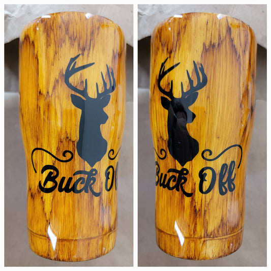 Buck off woodgrain 20oz curved tumbler