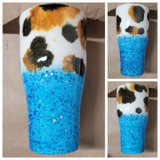 Blue/cow print ombre glitter 30oz curved tumbler