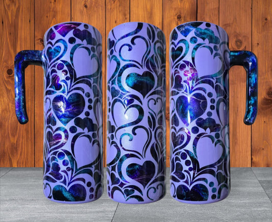 Purple ink swirl hearts peek a boo 20oz skinny tumbler with handle
