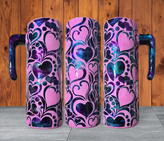Pink ink swirl hearts peek a boo 20oz skinny tumbler with handle